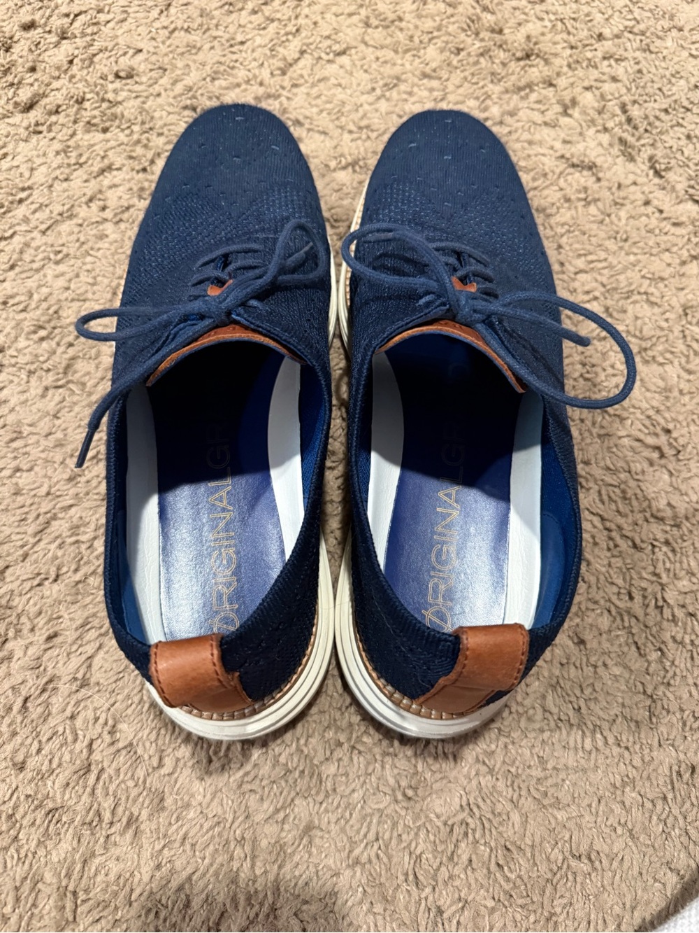 Cole Haan Navy Knit Lace-Up Sneakers with Brown Pull Tabs - Picture 2 of 5